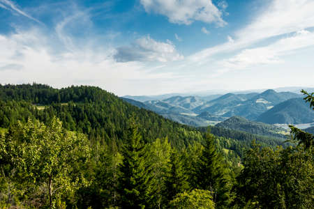 Distant aerial view at Zaovine lake from Tara mountain in Serbia