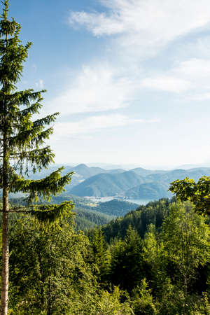 Distant aerial view at Zaovine lake from Tara mountain in Serbiaの写真素材