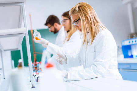 Young researchers analyzing chemical data in the laboratoryの写真素材