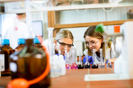 Female researchers in white lab coat working in the laboratoryの写真素材