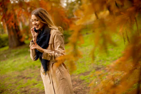 Beautiful young woman using mobile phone in the autumn parkの写真素材