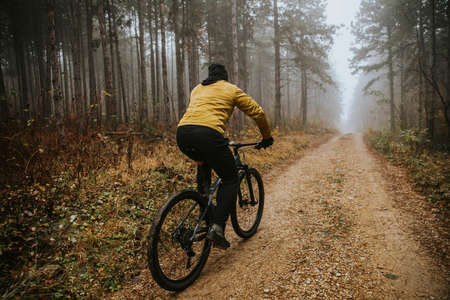 Handsome young man biking through autumn forestの写真素材