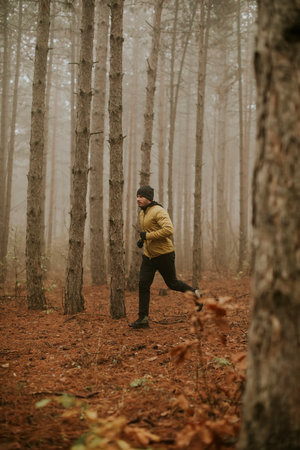 Handsome young man running in autumn forest and exercising for trail run marathon endurance raceの写真素材