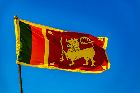 View of Sri Lankan flag against clear blue skyの写真素材