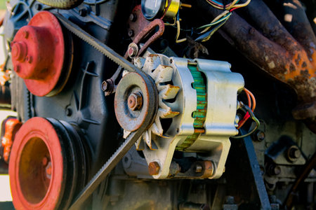 Closeup detail of the old motorboat engineの写真素材