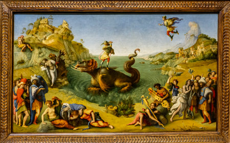 FLORENCE, ITALY - APRIL 7, 2018: Painting Perseus frees Andromeda by Piero di Cosimo (from 1515) in...