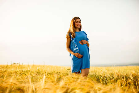 Pretty young pregnant woman in blue dress relaxing outside in nature at summer day