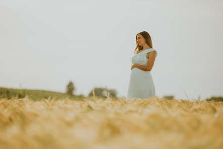 Pretty young pregnant woman in white dress relaxing outside in nature at summer dayの写真素材