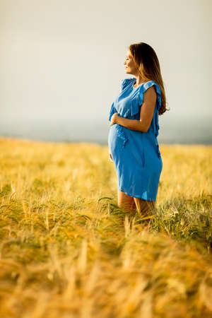 Pretty young pregnant woman in blue dress relaxing outside in nature at summer dayの写真素材