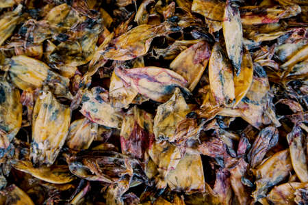 Closeup of the dried seafood on the market in Bangkok, Thailand