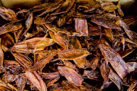 Closeup of the dried seafood on the market in Bangkok, Thailand