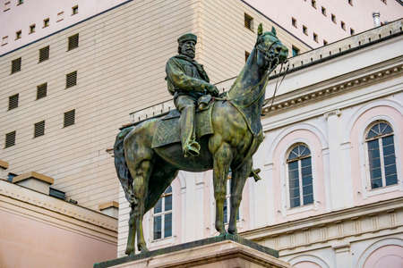 Equestrian statue of Giuseppe Garibaldi in Genoa, Italy. Satue was made by Augusto Rivalta at 1879.の写真素材