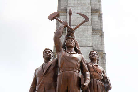 Detail of Workers' Party monument by the Juche tower in Pyongyang, North Koreaのeditorial素材