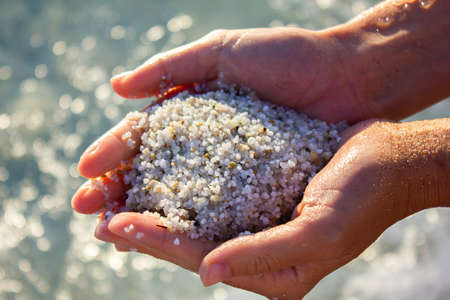 Quartz sand in the female hands on the beachの写真素材