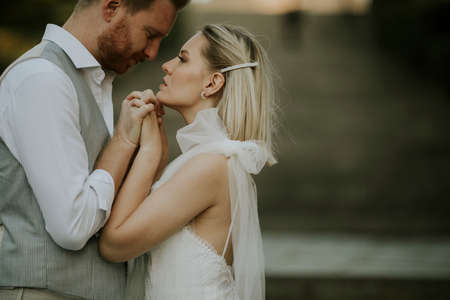 Closeup of the cute young newlywed coupleの写真素材