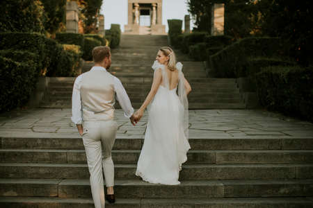 Rear view of the cute young newlywed couple walking on stairs in the parkの写真素材