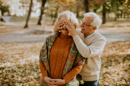 Handsome senior couple embracing in autumn park