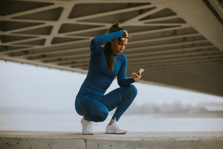 Pretty young woman in blue track suit monitoring her workout progress on fitness app by the river at autumn morningの写真素材