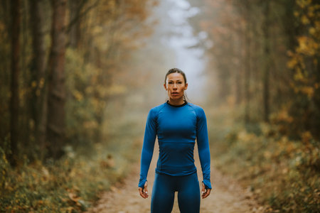 Pretty young woman take a break during outdoor exercise on the forest trail at autumnの写真素材