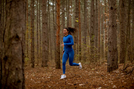Young woman in blue track suit running on the forest trail at autumnの写真素材