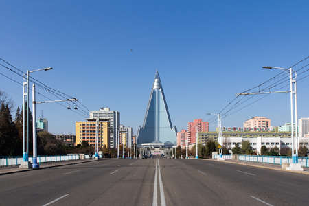 PYONGYANG, NORTH KOREA - NOVEMBER 9, 2016: Distant view at Ryugyong Hotel in Pyongyang, North Korea. It is 330 metre tall pyramid shaped skyscraper in Pyongyang.のeditorial素材