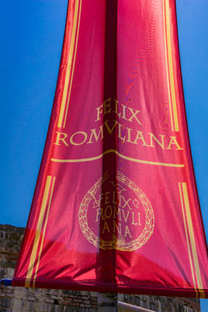Flags on entrance of Felix Romuliana, remains of palace of Roman Emperor Galerius near Zajecar, Serbia. It is UNESCO World Heritage Site since 2007.のeditorial素材