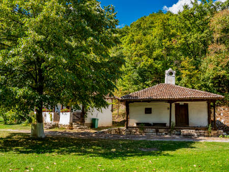 View at traditional 19th century Serbian house at Lepenski Vir, Serbiaのeditorial素材
