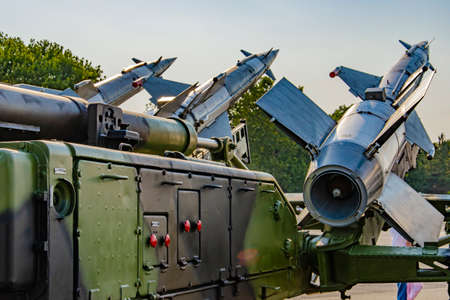 Belgrade, Serbia - September 2, 2012: Russian V-600 surface to air missiles on the S-125 quadruple launcher. This missile system was designed by Aleksei Isaev and have operational range of 35 kilometres.のeditorial素材