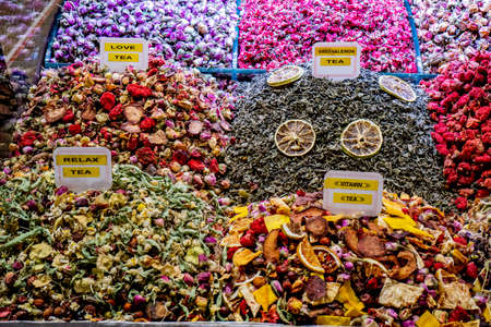 Closeup of the various teas on the market in Istanbul, Turkeyの写真素材