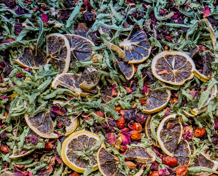 Closeup of the cold and flu tea on the market in Istanbul, Turkeyの写真素材