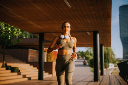 View at active young beautiful woman running on the promenade along the riverside