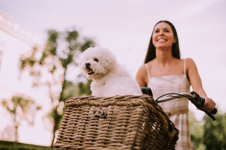 Pretty young woman with white bichon frise dog in the basket of electric bike