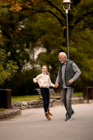 Handsome grandfather spending time with his granddaughter in park on autumn dayの写真素材