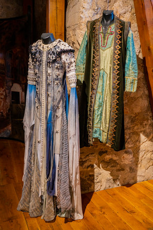 Golubac, Serbia - September 1, 2021: Traditional Serbian medieval costumes on exibition Nemanjici - Born of the Kingdom by author Petar Djinovic. Nemanjic was the most important dynasty of Serbia in the Middle Agesのeditorial素材