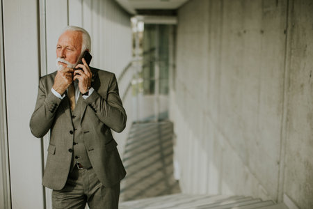 A senior business man stands in an office hallway, focused on his mobile phone. He is dressed in formal attire, exuding confidence and professionalismの写真素材