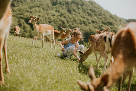Cute little girl among reindeer herd on the sunny dayの写真素材