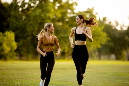 Two pretty young women running in the parkの写真素材