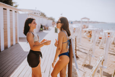 Two smiling young women in bikini standing by the cabins and enjoying vacation on the beachの写真素材