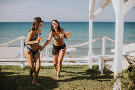 Two smiling young women in bikini enjoying vacation on the beach while drinking cocktailの写真素材