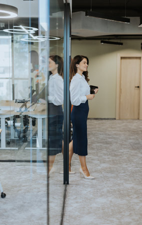Young business woman with digital tablet walking in the modern office wallwayの写真素材