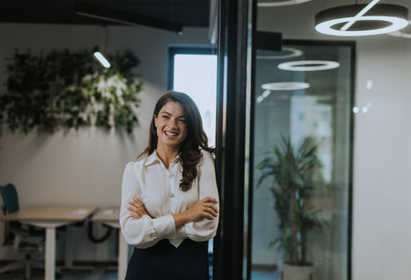 Pretty young business woman standing with arms crossed in the modern officeの写真素材