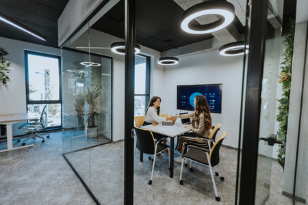 Young business women discussing in cubicle at the modern officeの写真素材