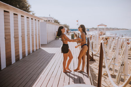Two smiling young women in bikini standing by the cabins and enjoying vacation on the beachの写真素材