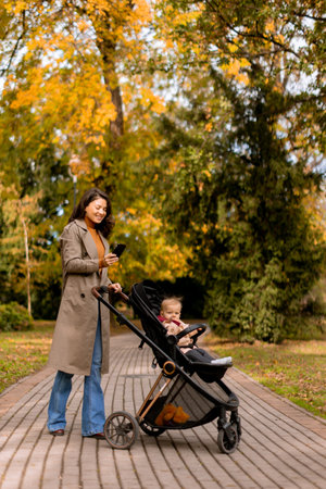 Young woman with a cute baby girl in baby stroller using mobile phone at the autumn parkの写真素材