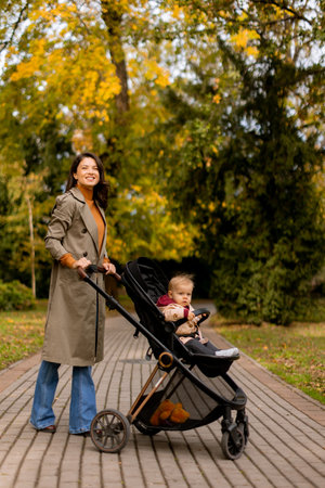 Young woman with a cute baby girl in baby stroller at the autumn parkの写真素材