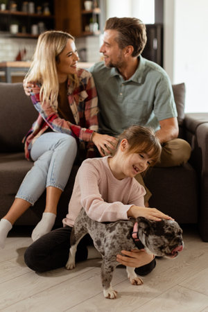 Joyful parents watch their daughter play with a happy french bulldog at homeの写真素材