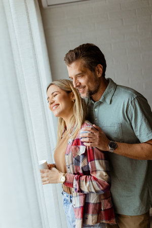In a softly lit room, a man lovingly embraces a woman from behind as they both gaze out the window, sharing a quiet, intimate moment togetherの写真素材