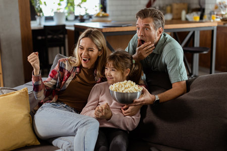 A family of three is comfortably nestled on a couch, their faces reflecting excitement and attentiveness as they share a bowl of popcorn during a suspenseful movie nightの写真素材