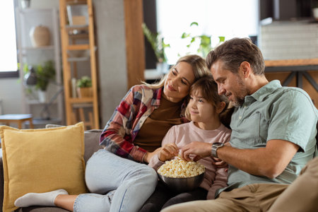 A family of three is comfortably nestled on a couch, their faces reflecting excitement and attentiveness as they share a bowl of popcorn during a suspenseful movie nightの写真素材