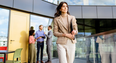 A poised professional woman walks through a glass-walled office space as colleagues converse in the background.の写真素材